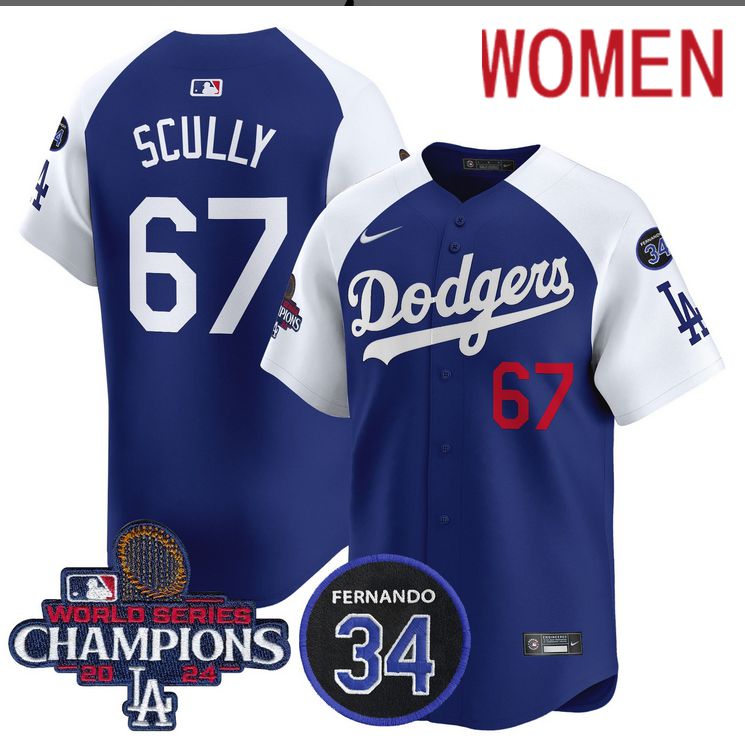 Women MLB Los Angeles Dodgers #67 Scully blue 2024 World Series Champions Patch Limited Jersey->women mlb jersey->Women Jersey